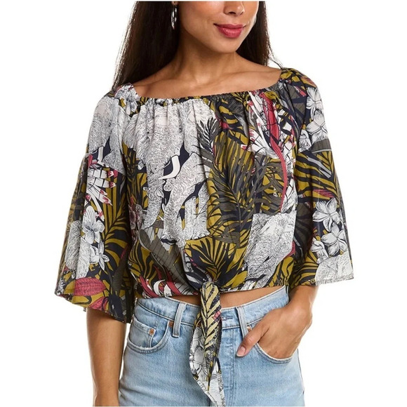 Elan off-shoulder safari print top 3/4 flare sleeve beach cover green size L - Picture 1 of 9